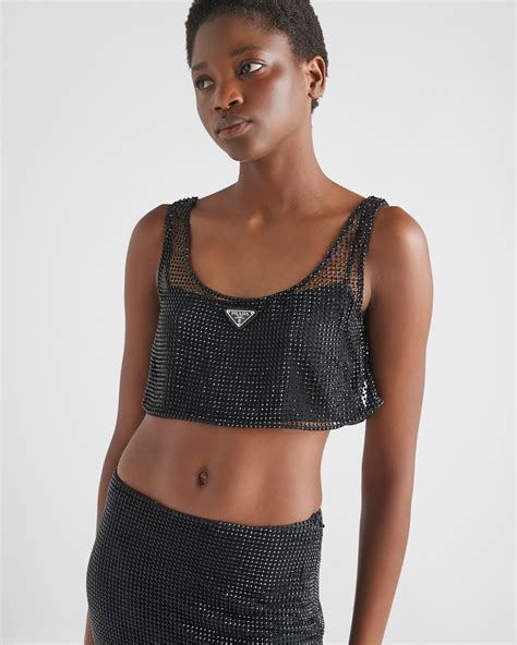 prada sparkle top|Black Rhinestone embroidered mesh top .